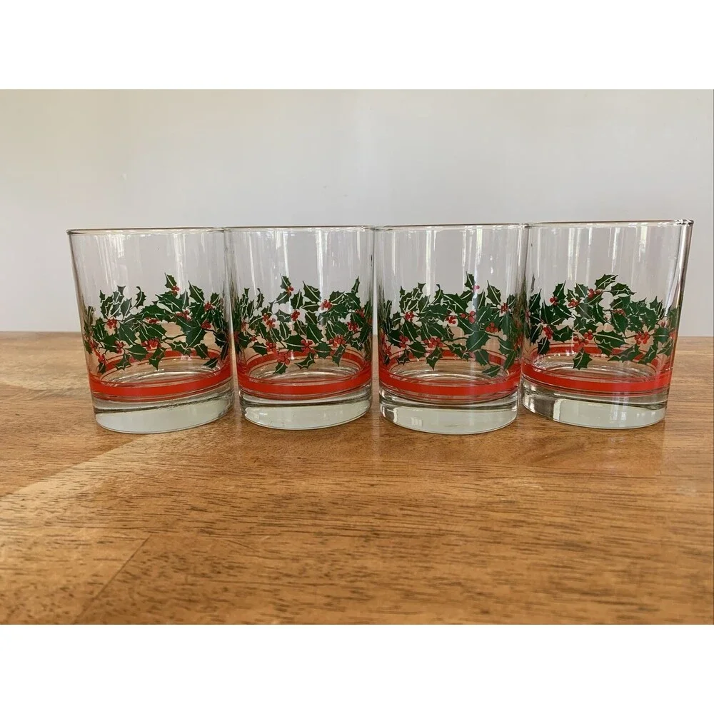 Vintage Libbey Holly Berry Ribbon Glass Coffee Mugs set of 4‎ Holiday 8 oz